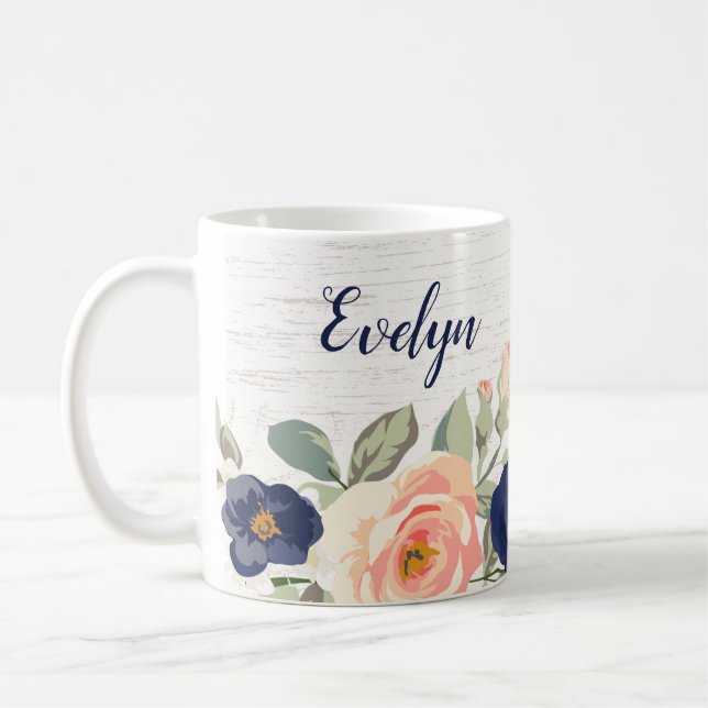 Mug Rustique Bleu jolie Marine, Pêche Floral Personnal (Gauche)
