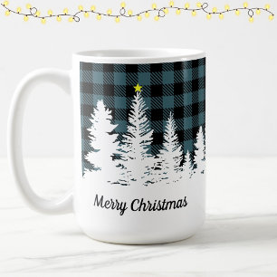Mug Rustique bleu plaid buffalo forêt Joyeux Noël
