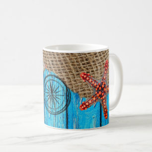 Mug Rustique Nautique Bleu Burlap Starfish