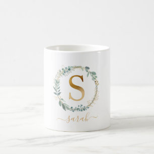 Mug S monogramme, couronne feuillue propre au client