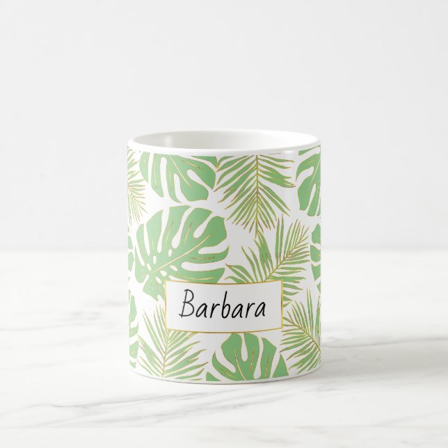 Mug Sage vert et or feuilles tropicaux et nom (Centre)