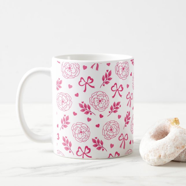 Mug Saint Valentin Fleurs Ruban Coeurs rose (Avec donut)