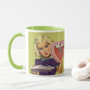 Mug Saint-Valentin mignon vintage, Fille avec Chocolat
