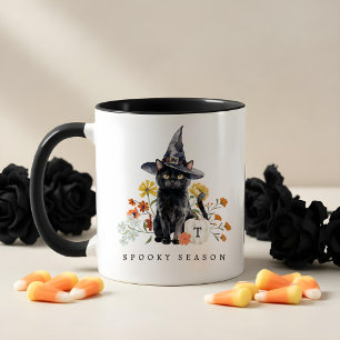 Mug Saison effrayante Chat noir Automne Floral Monogra