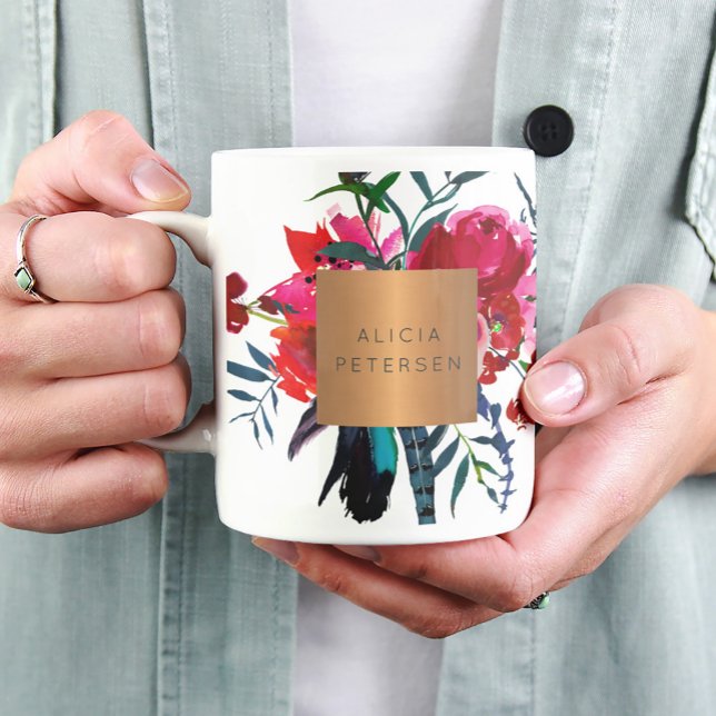 Mug Salon de beauté nom glam cuivre aquarelle fleurs (Créateur téléchargé)