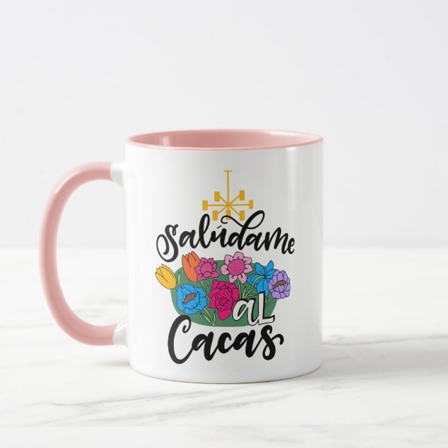 Mug Saludame al Cacas, dessin à la main, rose (Gauche)