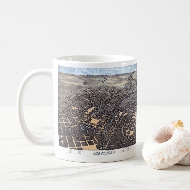 Mug San Antonio, Texas, Antique Aerial City Map, 1873 (Avec donut)