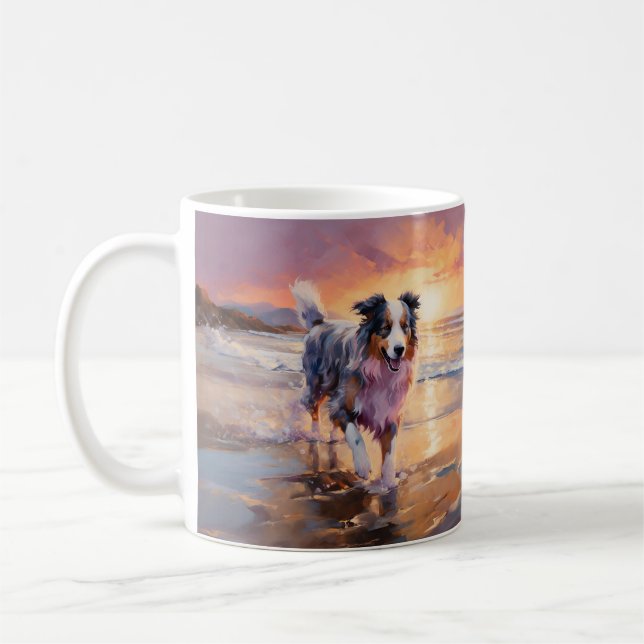 Mug Sandy Australian Shepherd Dog on Beach Sunset (Gauche)