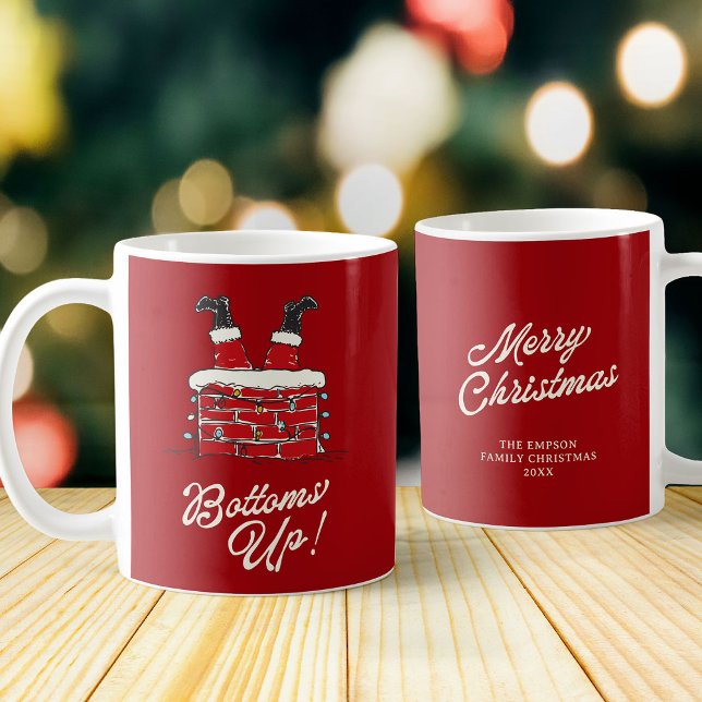 Mug Santa Bottoms Up Funny Holiday Kitchen and Gift (Red holiday mug decorated with Santa’s legs in a chimney, cheerful string lights.)