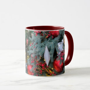 Mug Sapin de Noël avec jouets dorés, rouges.