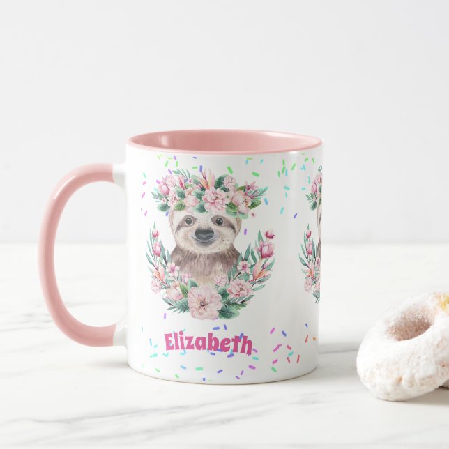 Mug Saupoudrer SLOTH Boho Girls Pink Flowers Cadeaux m (Avec donut)