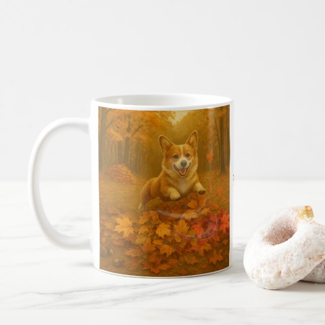 Mug Saut de feuille de Corgi (Avec donut)