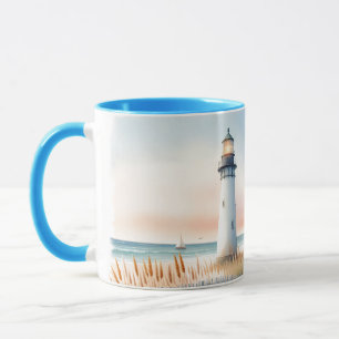 Mug Scène aquarelle d'un phare et d'une maisonnette au
