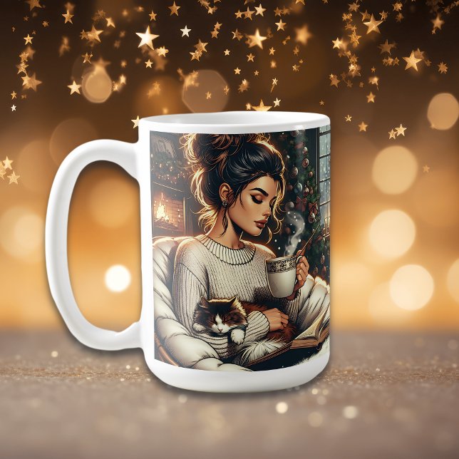 Mug Scène cosy | Femme qui boit du cacao avec chat (Créateur téléchargé)