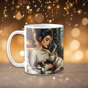 Mug Scène cosy   Femme qui boit du cacao avec chat