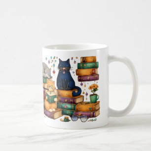Mug Scène de bibliothèque cosy avec des chats lisant d