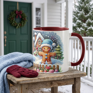 Mug Scène de Noël enneigée avec une famille en pain d'