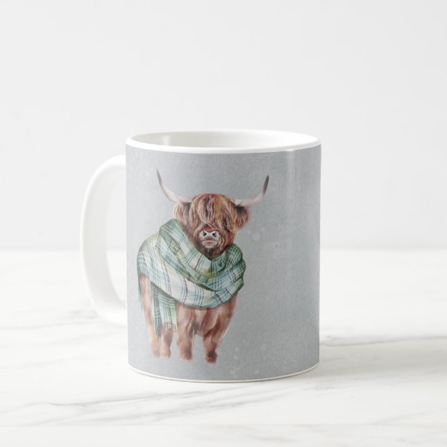 Mug Scottish Green Tartan Highland Cow Personnalisé (Devant gauche)