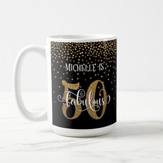 Mug Script Confettis Dorés 50 & Fabuleux sur Fond Noir (Gauche)