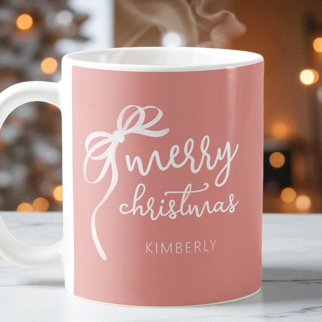 Mug Script moderne élégant Bow rose joyeux Noël (Modern Script Elegant Bow Pink Merry Christmas Coffee Mug)
