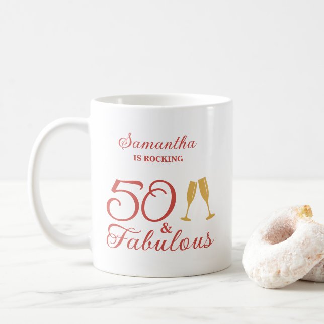 Mug Script rose élégant 50 & Fabuleux anniversaire (Avec donut)