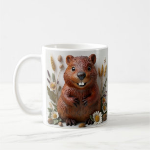 Mug Sculpture 3D D'Un Castor Gai Aux Fleurs