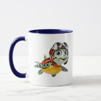 Mug Sea Turtle Aviator Cute Flying Character Blue Acce