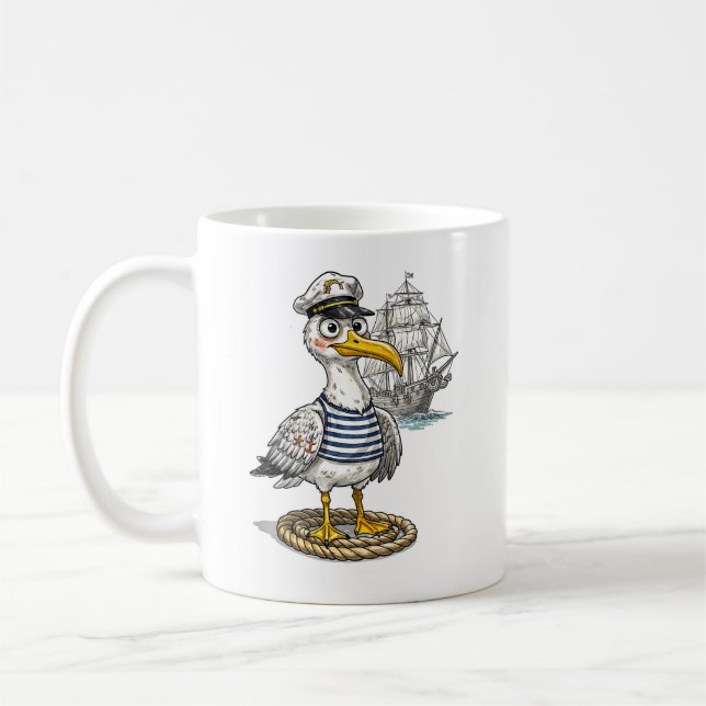 Mug Seagull Sailor with Rope and Ship Background (Gauche)