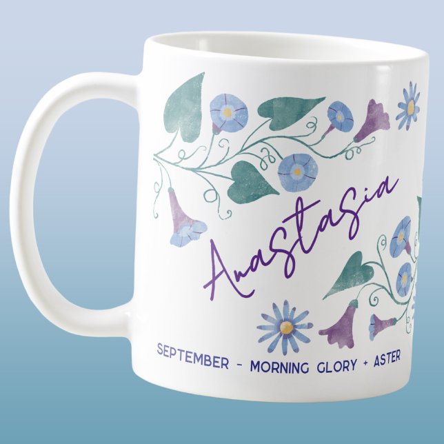 Mug September Birth Flower Custom Name Morning Glory (September birth month flower personalized custom name morning glory aster coffee mug gift)