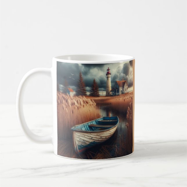 Mug Sérénité côtière : Phare et bateau à moteur (Gauche)