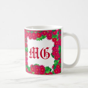 Mug Serre de poinsettia avec monogramme, rouge et vert