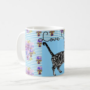 Mug Shabby Chic Blue Stripe Tabby Chat Love Heart