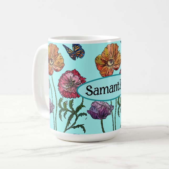 Mug Shabby Poppy Red Purple sur Aqua Nom personnalisab (Devant gauche)