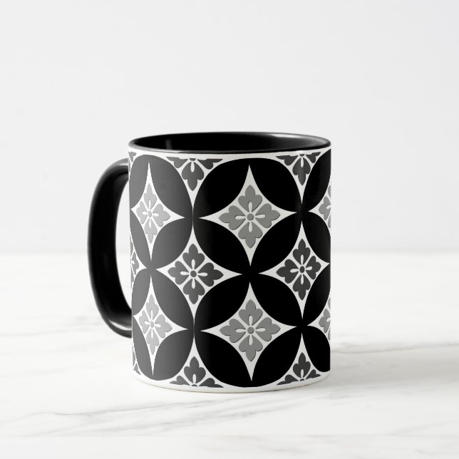 Mug Shippo avec Motif Fleur, Noir, Blanc et Gris (Devant gauche)