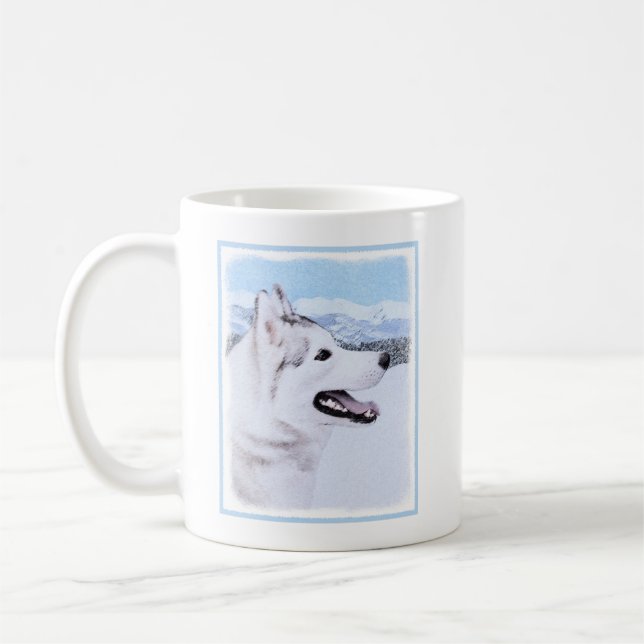 Mug Sibérie Husky (argent et blanc) Peinture Chien Art (Gauche)