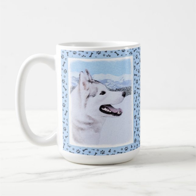 Mug Sibérie Husky (argent et blanc) Peinture Chien Art (Gauche)