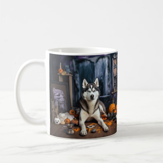 Mug Sibérie Husky Citrouille Halloween effrayant (Gauche)