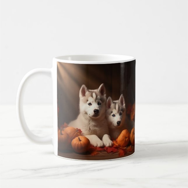 Mug Sibérie Husky Puppy Citrouille d'automne (Gauche)