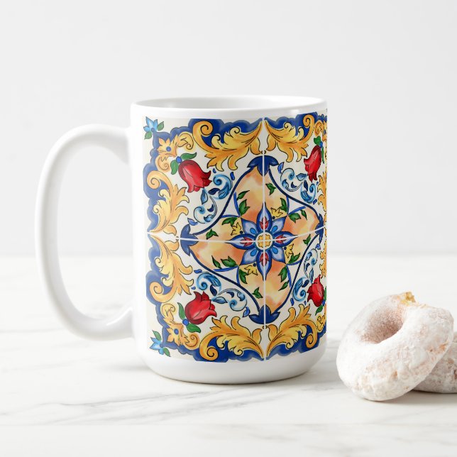 Mug Sicilienne Majolica Motif de carreaux colorés (Avec donut)