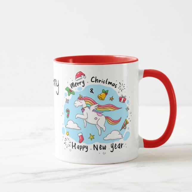 Mug Silencieuse licorne de Noël avec nom ami cadeau (Droite)