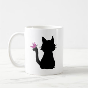 Mug Silhouette de chat noir Papillon rose