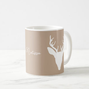 Mug Silhouette de tête de cerf blanc sur fond beige et