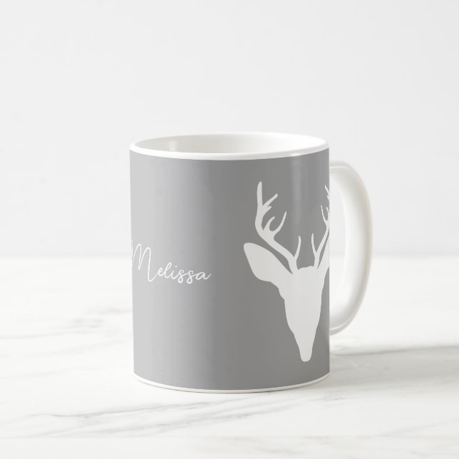 Mug Silhouette De Tête De Cerf Blanc Sur Gray Et Nom P (Devant droit)