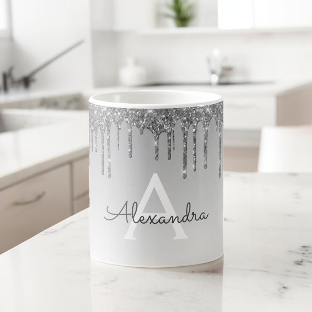 Mug Silver Sparkle Parties scintillant Luxe Monogramme (Créateur téléchargé)