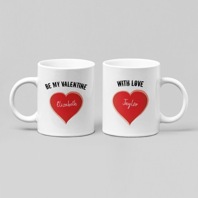 Mug Simple Be My Valentine Red Heart Whimsical (Personalized Valentine mug with red heart and custom names romantic couple gift design.)