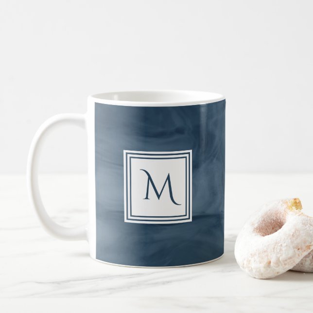 Mug Simple Marine Bleu Marbre subtil Monogramme modern (Avec donut)