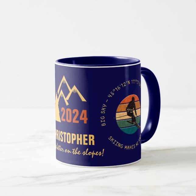 Mug Ski Big Sky, Montana - Homme Skier, Texte Jaune (Devant droit)