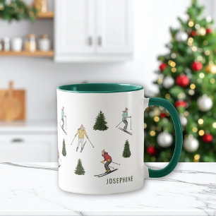 Mug Skieurs à l'aquarelle et sapins avec nom festif