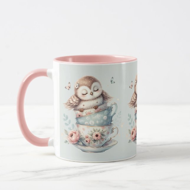 Mug Sleeping Owl in Stacked Floral Teacups (Gauche)