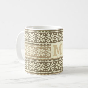 Mug Snowflake Brown Nordic Faux Knit Sweater Monogramm